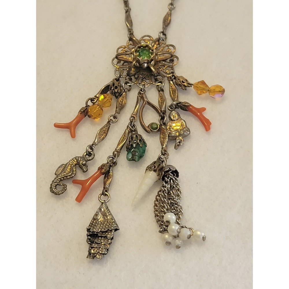 Vtg Charm Necklace Seahorse Buddha Faux Coral Maximalist Boho Gold Orange 16"